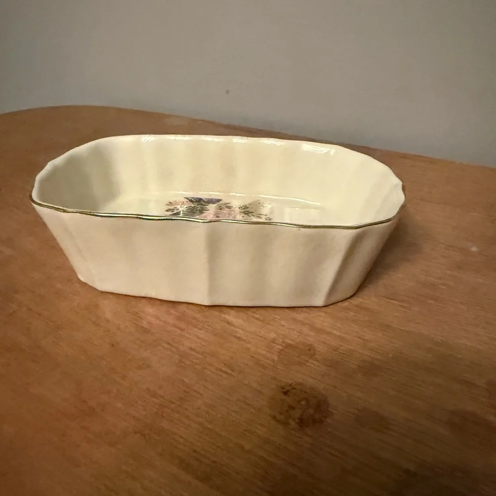 Vintage Japanese Porcelain floral, bird, print gold edge Soap or Trinket Dish